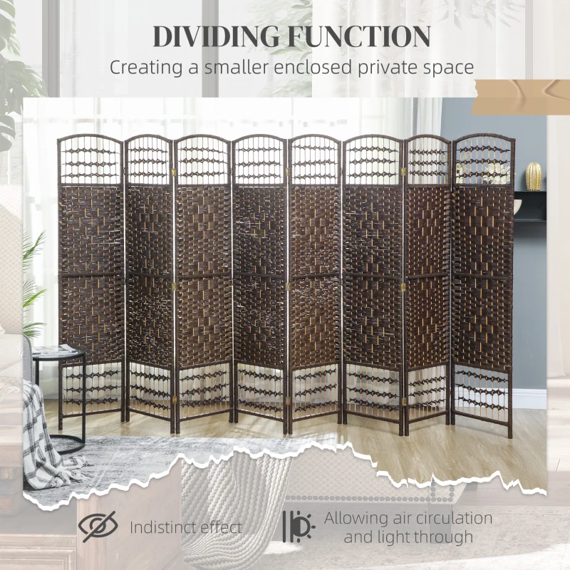 HOMCOM 8 Panel Folding Room Divider, Portable Privacy Screen, Wave Fiber Room Partition for Home Office, Brown