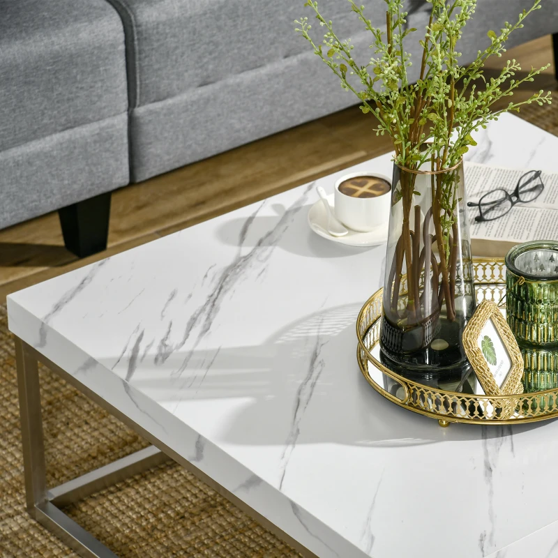 HOMCOM Square Coffee Table with Faux Marble Tabletop, Low Table for Sitting on The Floor, Stainless Steel Frame for Living Room, White