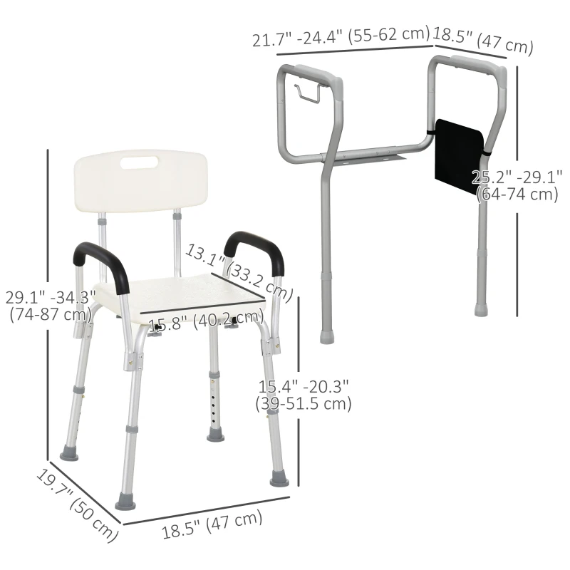 HOMCOM Shower Chair and Toilet Safety Rail Set, Height Adjustable Bath Chair, Width and Height Adjustable Toilet Rail for Seniors, Assist Grab Bar, Easy Installation