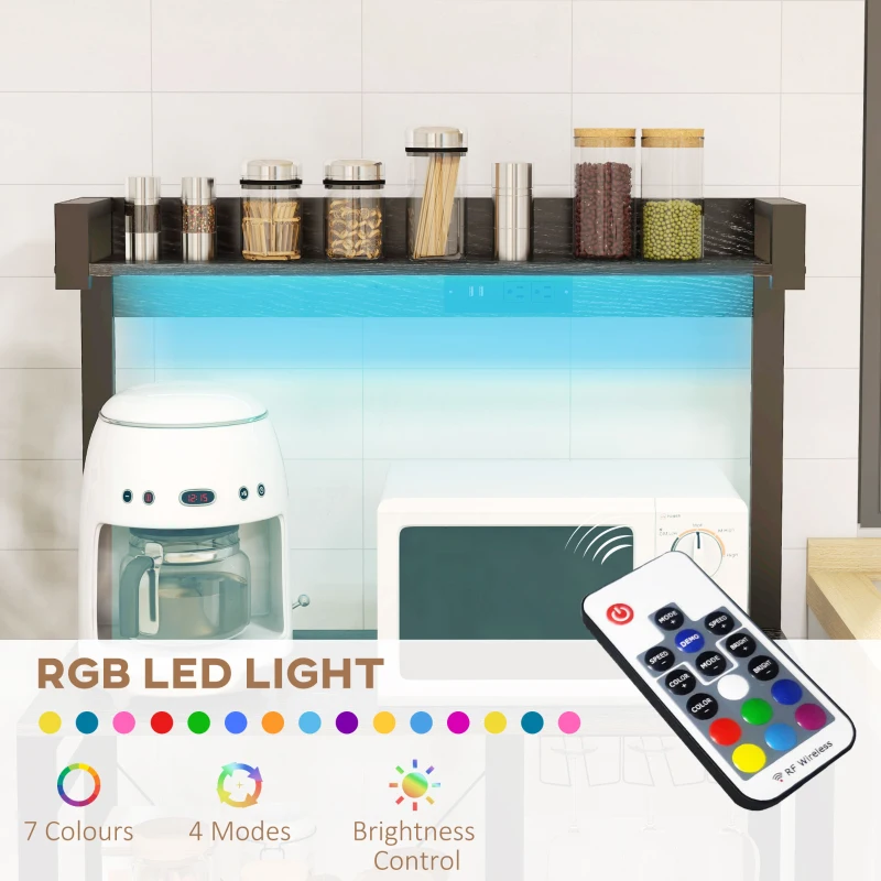 HOMCOM Industrial Kitchen Bakers Rack with Charging Station, RGB Lights, Glass Holders and Open Shelves, Gray