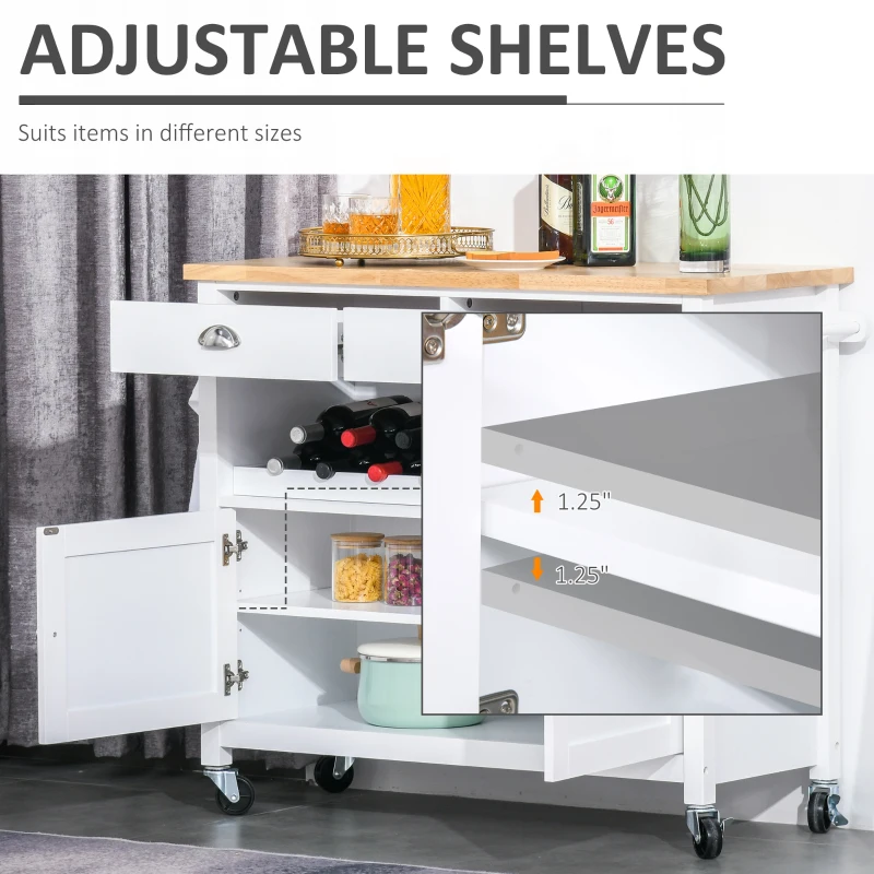 HOMCOM Rolling Kitchen Island Cart, Trolley Cart with Wine Rack, Rubberwood Top, Drawer and Hook, White