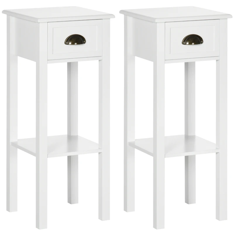 HOMCOM 2-Tier Nightstand, Side Table with Drawer and Shelf for Living Room or Bedroom, Set of 2, White