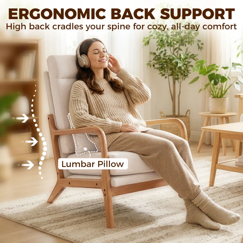HOMCOM Modern Accent Chair, Linen Armchair with Lumbar Pillow, High Back, Wide Seat, Thick Cushion, Solid Wood Frame, Cream White