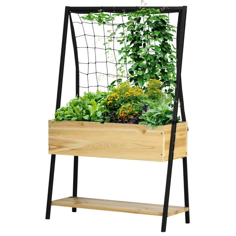 Outsunny Raised Garden Bed with Trellis & Storage Shelf, Elevated Planter Box with Metal Legs, Bed Liner and Drainage Holes, for Vegetable Vines, Climbing Plants, Flowers, Natural