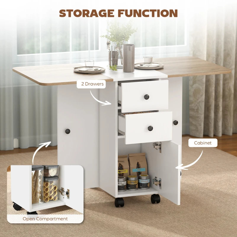HOMCOM Drop Leaf Dining Table, Mobile Folding Table on Wheels with Drawers and Cabinet for Dining Room, Kitchen, White and Oak