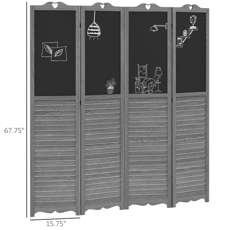 HOMCOM Wooden Room Divider with Blackboard, 4 Panel Folding Privacy Screen for Home Office, 5.5', Gray