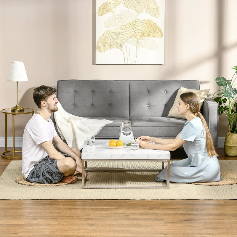 HOMCOM Square Coffee Table with Faux Marble Tabletop, Low Table for Sitting on The Floor, Stainless Steel Frame for Living Room, White