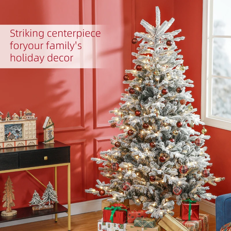 HOMCOM 7ft Artificial Prelit Christmas Tree with Warm White LED Light and Snow Flocked Branches, Metal Base