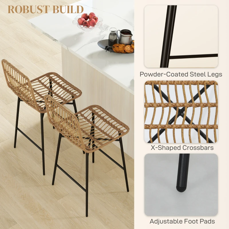 HOMCOM Rattan Counter Bar Stools Set of 2, 26" Counter Height Barstools with Back, Bar Chairs for Kitchen Island, Brown
