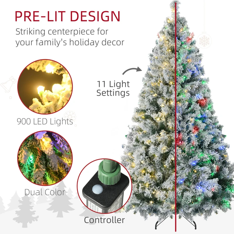 HOMCOM 9' Artificial Snow Christmas Trees with Frosted Branches, Warm White or Colorful LED Lights, Steel Base