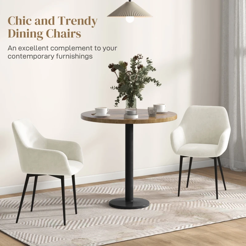 HOMCOM Dining Chairs Set of 2, Velvet-look Fabric Upholstered Kitchen Chairs with Backrest, Armrests and Steel Legs, Cream White