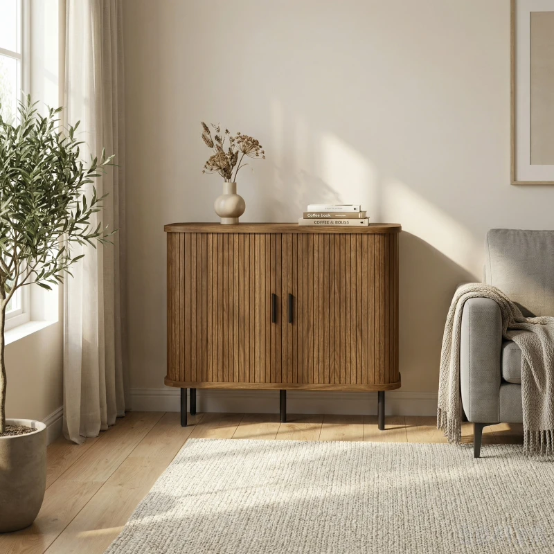 HOMCOM 35.4" Sideboard Buffet Cabinet with Storage, Nordic Coffee Bar Cabinet with Slatted Tambour Doors and Metal Legs, Walnut