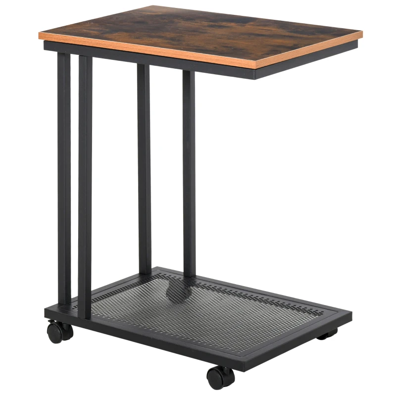 HOMCOM Mobile Sofa Side Table, C Shaped End Table Couch Table with Metal Mesh Shelf, Rolling Castors for Living Room, Bedroom, Rustic Brown