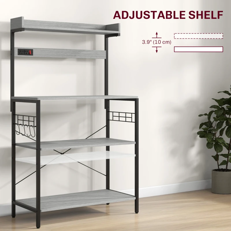 HOMCOM Kitchen Baker's Rack with Power Outlet, Coffee Bar Station with Adjustable Shelves and Hooks, Distressed Grey