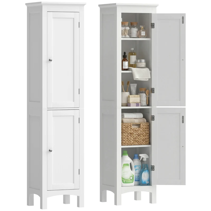 kleankin Tall Bathroom Cabinet, Freestanding Storage Organizer with Adjustable Shelves and Cupboards, 15" x 13" x 63", White
