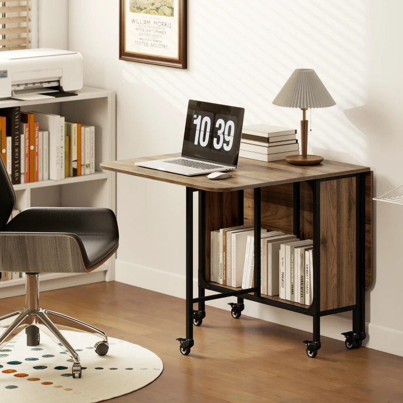 HOMCOM Folding Dining Table, Extendable Kitchen Table for Small Spaces with Storage Shelf and 6 Wheels, Brown Wood Grain