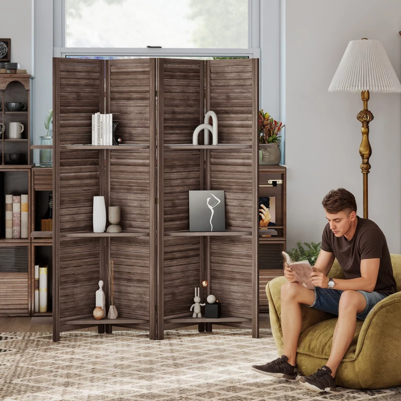 HOMCOM 4 Panel 67" Tall Wood Privacy Screen Room Divider with 3 Shelves and Folding Storage for Bedroom, Walnut