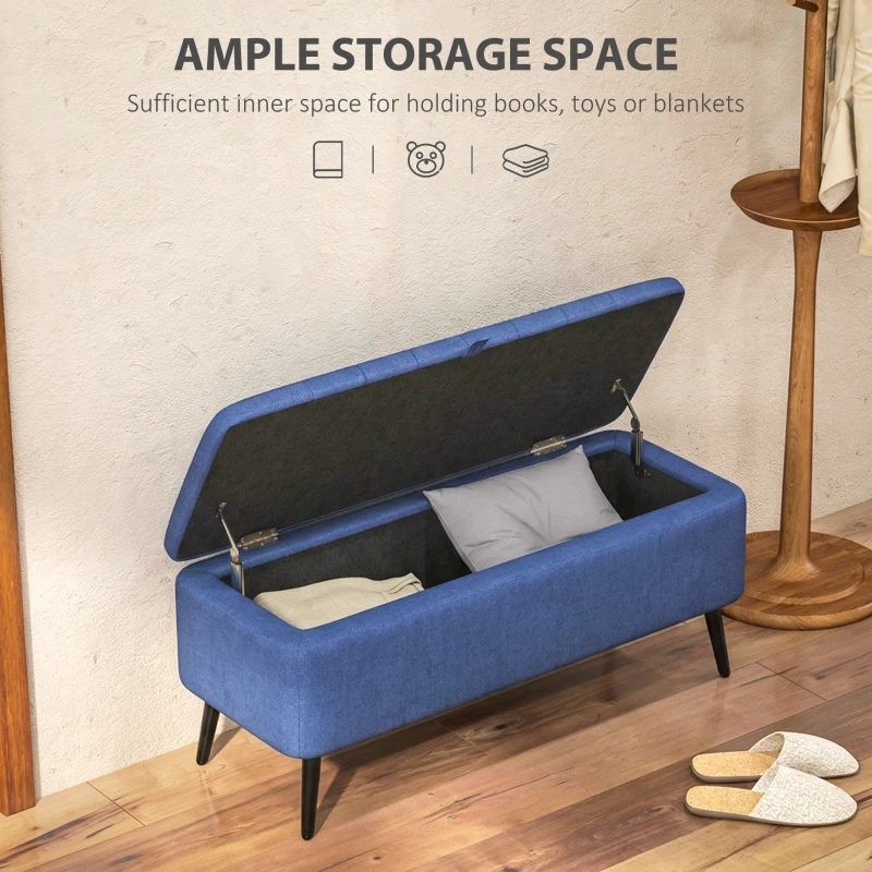 HOMCOM 40" Ottoman with Storage, Linen Upholstered Storage Ottoman Bench with Steel Legs for Living Room, Bedroom Dark Blue