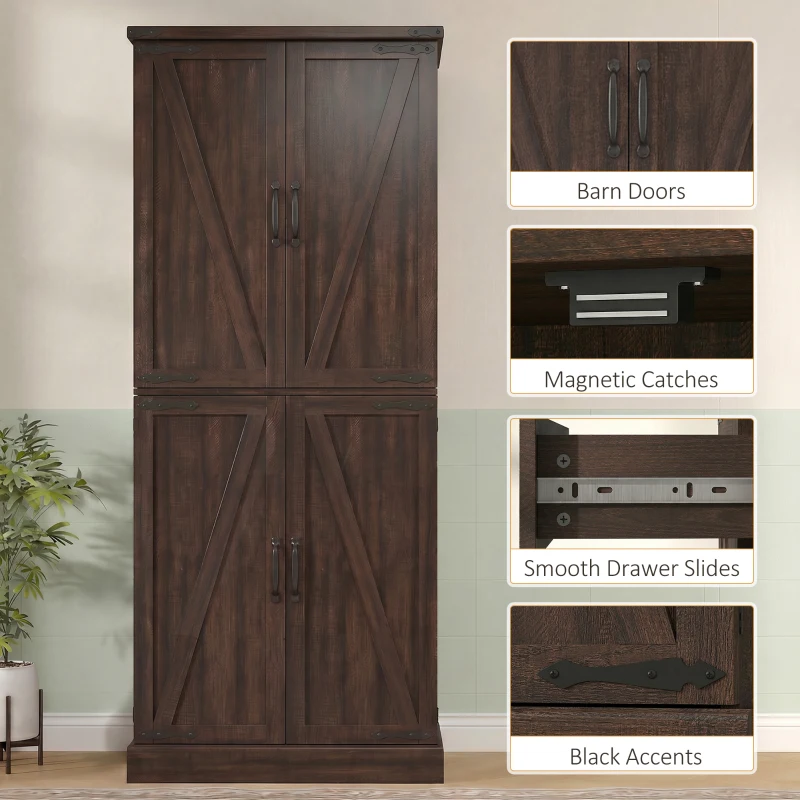 HOMCOM 72" Tall Kitchen Pantry Cabinet, Farmhouse Storage Cabinet with 8 Door Racks and Adjustable Shelves, Distressed Brown
