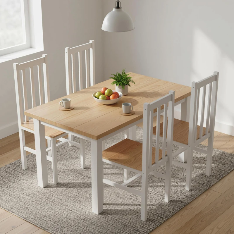 HOMCOM Farmhouse Dining Table Chairs, Set of 4 Pine Wood Kitchen Table Chairs with Slat Back for Living Room, Bedroom, White