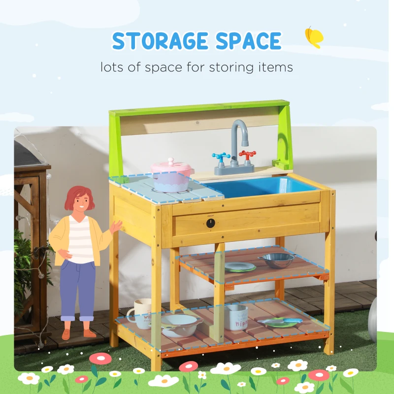 Outsunny Mud Kitchen for Kids Outdoor Kitchen Playset w/ Realistic Kitchen Toys, Faucet Sink Storage Shelves for Ages 3-8 Years