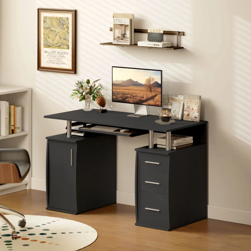 HOMCOM 47" Computer Desk with Keyboard Tray and Storage Drawers, Home Office Workstation Table with Storage Shelves, Black