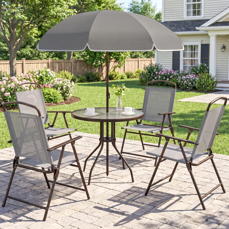 Outsunny 6 Piece Patio Dining Set for 4 with Umbrella, with 4 Folding Dining Chairs & Round Glass Table for Garden, Gray