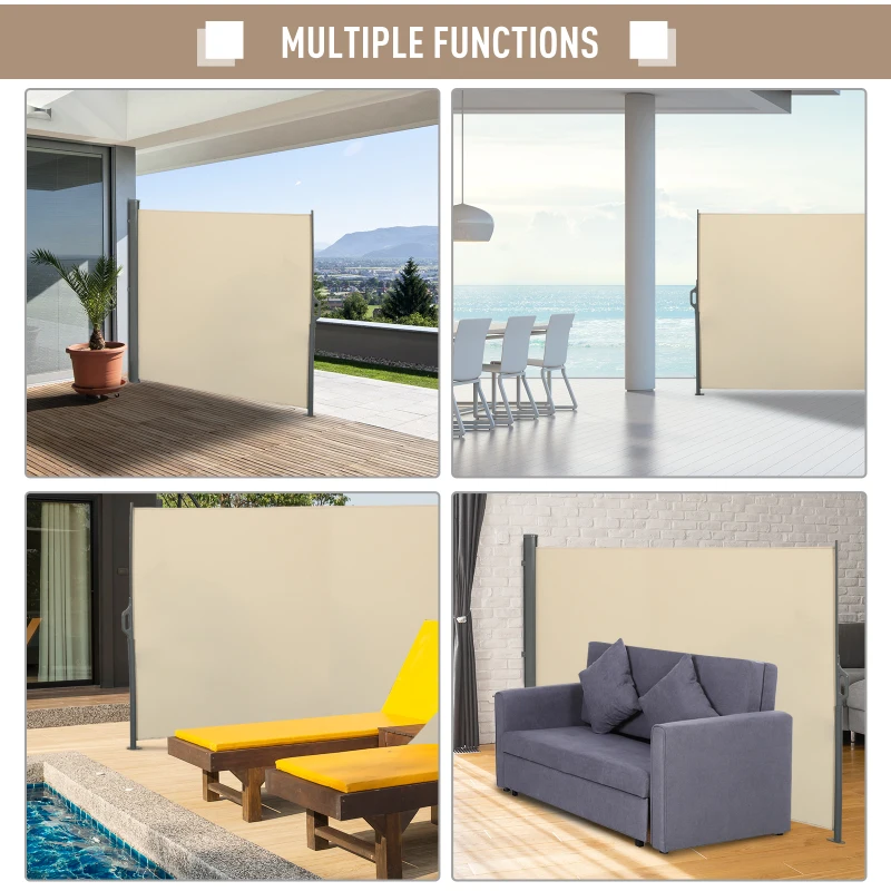 Outsunny 10' Retractable Folding Patio Privacy Side Awning with 50+ UV Protection, 2 Wall Brackets, & Polyester, White