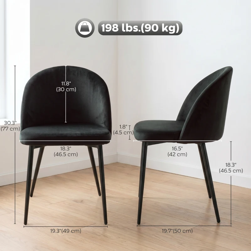 HOMCOM Set of 2 Mid-Back Dining Chair, Mid-Back Velvet-touch Upholstery Kitchen Chair for Living Room Dining Room, Black