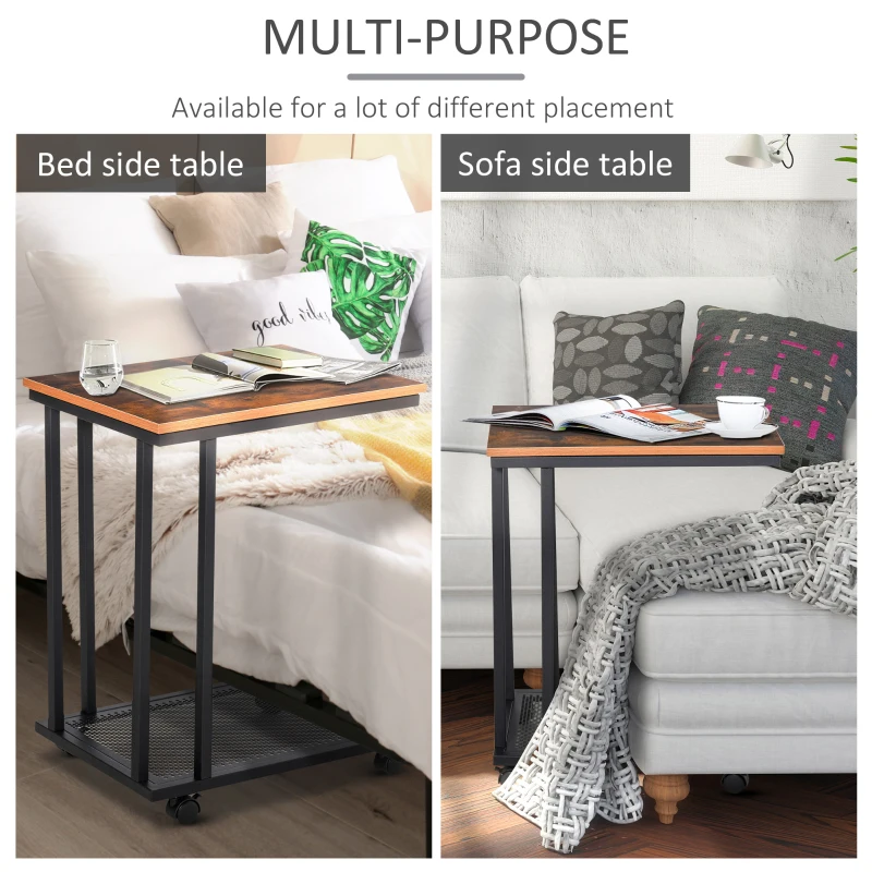 HOMCOM Mobile Sofa Side Table, C Shaped End Table Couch Table with Metal Mesh Shelf, Rolling Castors for Living Room, Bedroom, Rustic Brown