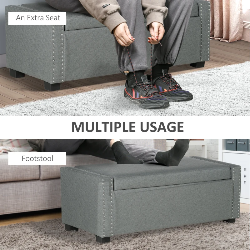 HOMCOM Nailhead Trim Upholstered Flip Top Storage Bench, Fabric Ottoman for Bedroom, or Living room, Light Grey
