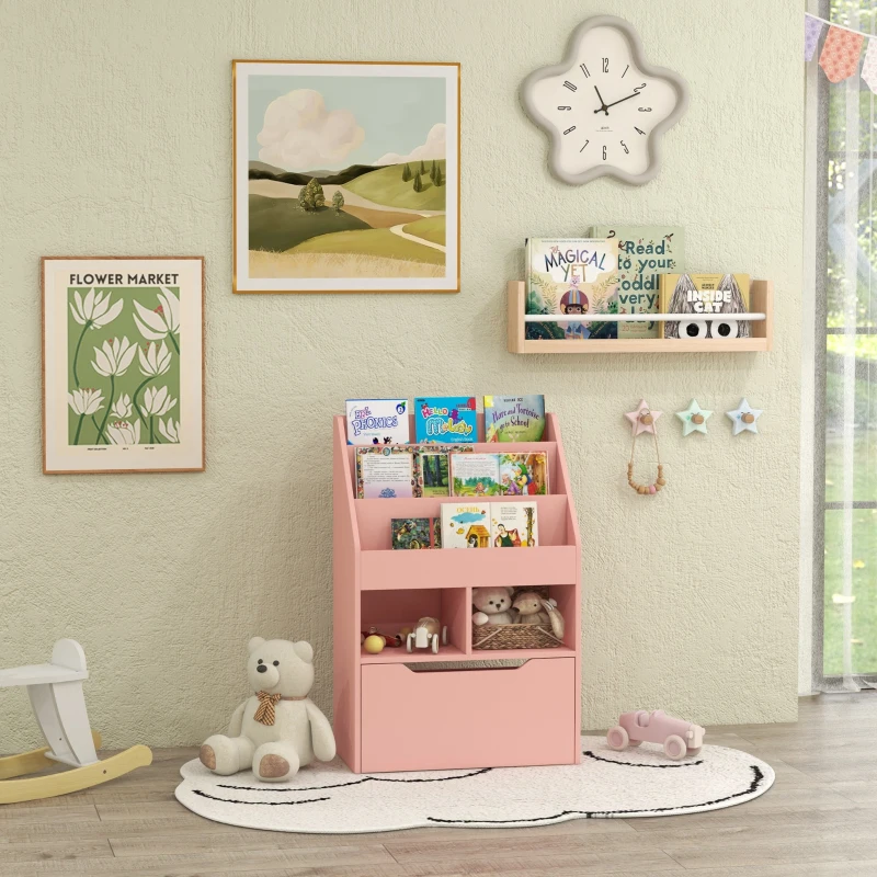 HOMCOM Kids Bookcase with Storage Drawer for Books, Reading Nook, for Classroom, Bedroom, Playroom, Pink