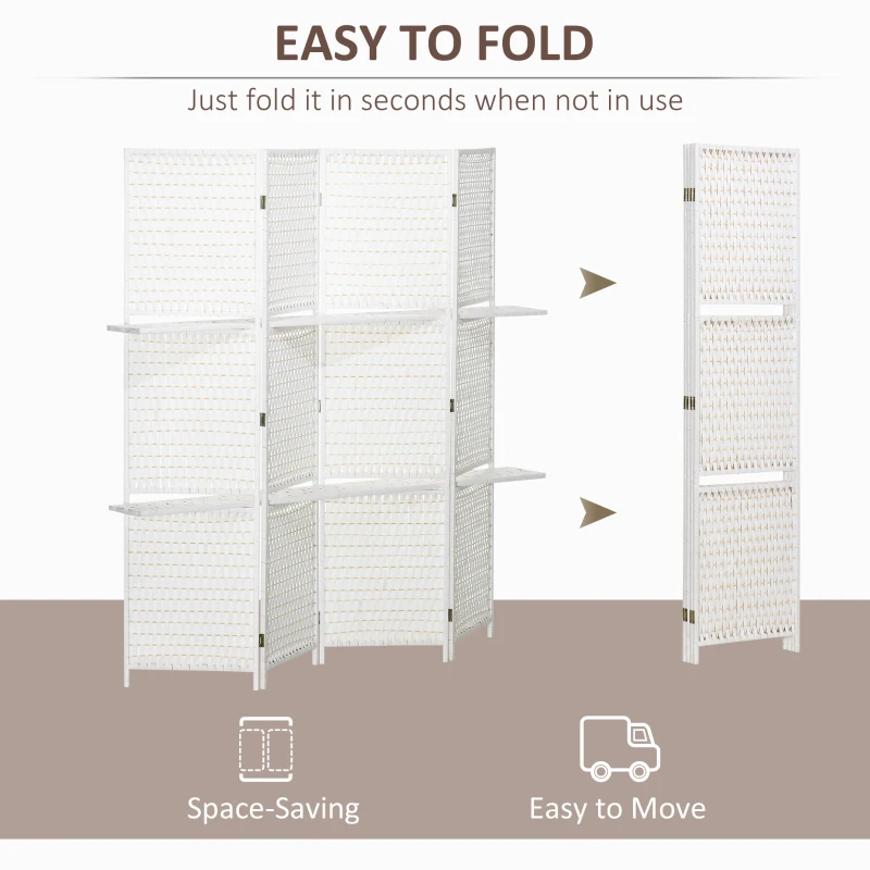 HOMCOM 4 Panel Room Divider with Shelves, 6 FT Freestanding Folding Privacy Screen, Partition Wall Divider for Bedroom, White