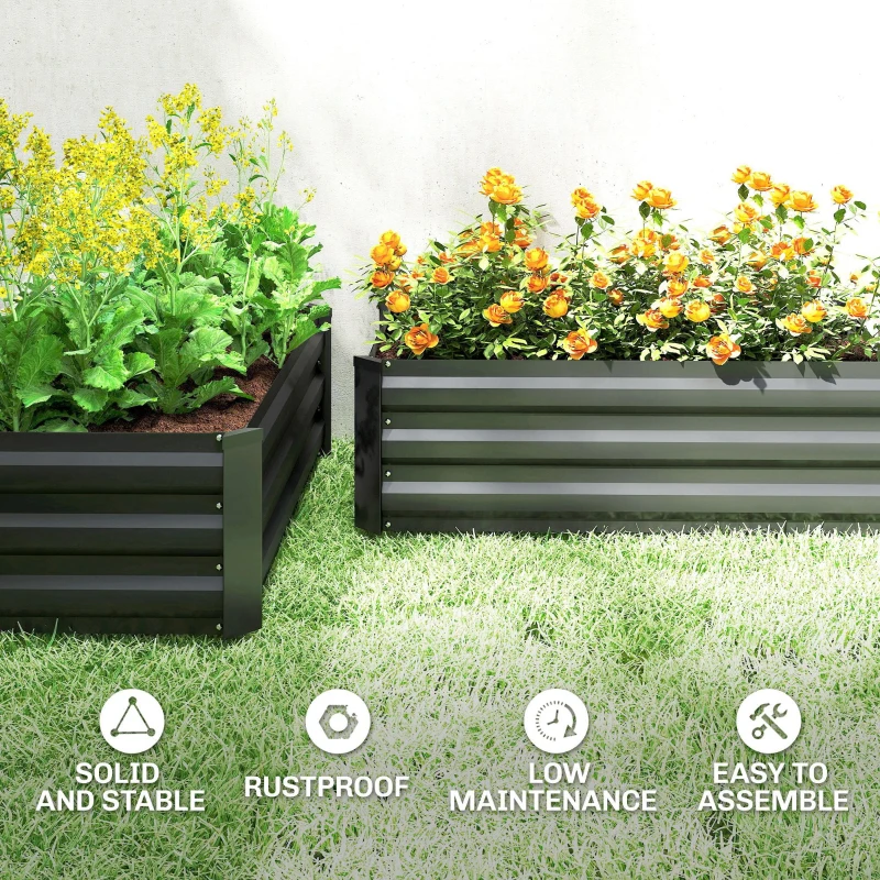 Outsunny Set of 2 Galvanized Raised Beds for Garden, Outdoor Planter Box for Flowers, Herbs and Vegetables, Black