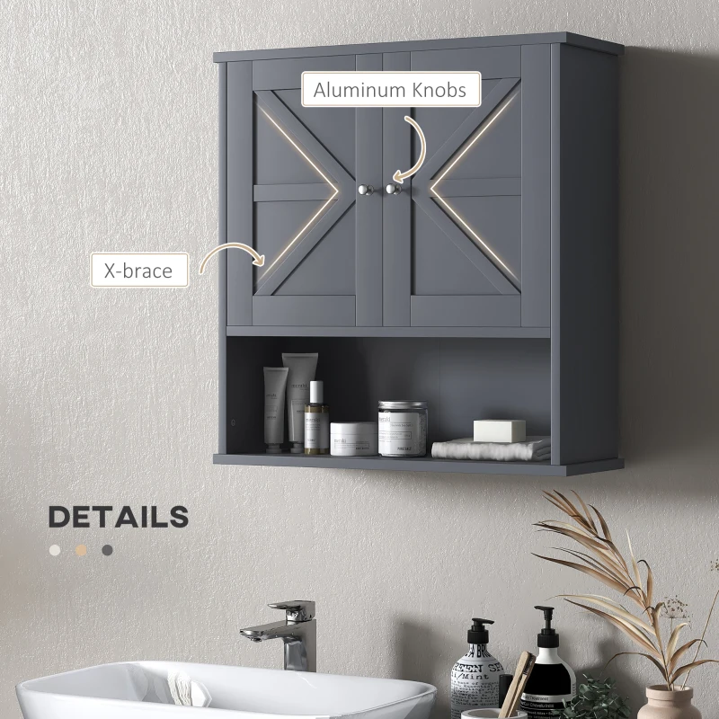 kleankin Farmhouse Bathroom Medicine Cabinet, Wall Cabinet with Barn Doors and Adjustable Shelf for Laundry Room, Gray