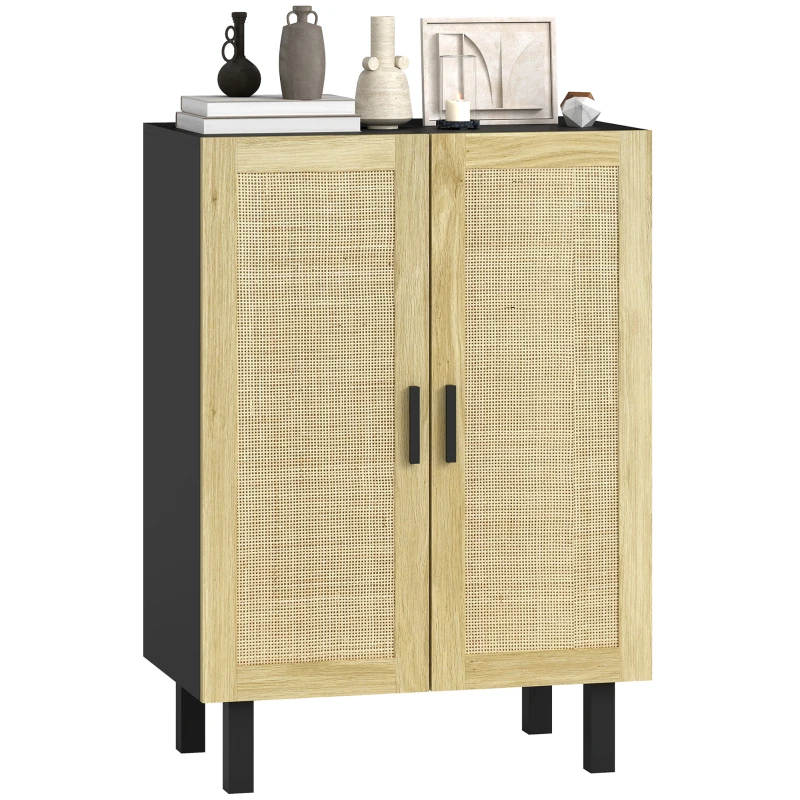 HOMCOM Boho Kitchen Cabinet, Buffet Cabinet with 2 Rattan Doors and Adjustable Shelves for Dining Room, Black and Natural