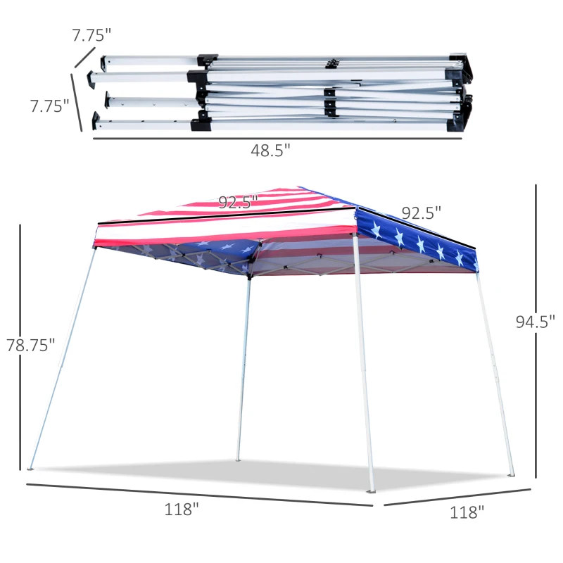Outsunny Slant Leg Pop Up Canopy Tent with American Flag Roof and Carry Bag, Beach Canopy Instant Sun Shelter, Height Adjustable, (10'x10' Base / 8'x8' Top)