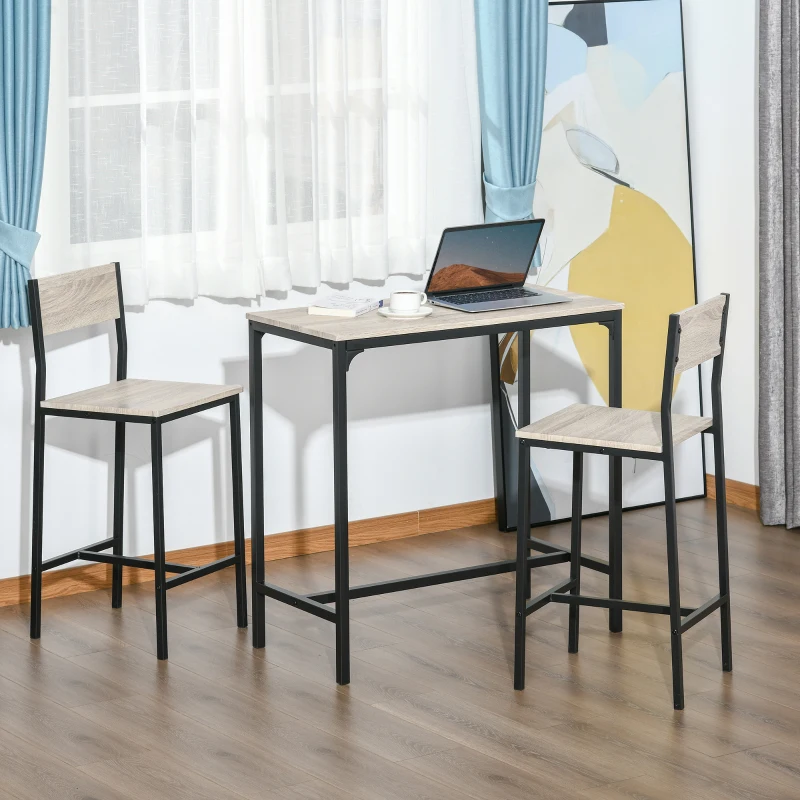 HOMCOM 3 Piece Bar Table and Chairs, Industrial Dining Table Set for 2, Counter Height Kitchen Table with Bar stools, Breakfast Table Set for 2 for Small Space, Natural