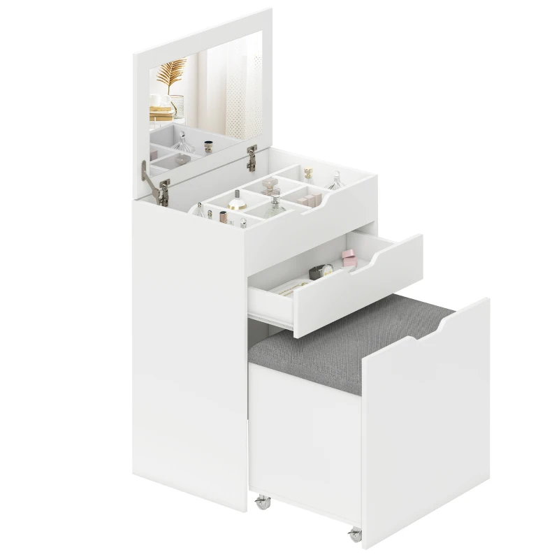 HOMCOM Vanity Set with Flip Top Mirror, Makeup Vanity Desk with Stool, Dressing Table with Drawer and 7 Compartments, White