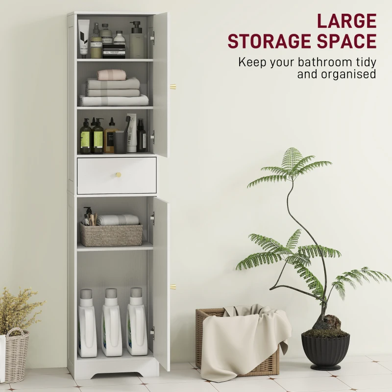 HOMCOM 67" Tall Bathroom Cabinet, Slim Bathroom Storage Cabinet with 2 Doors, Drawer and Adjustable Shelf, White Wood Grain