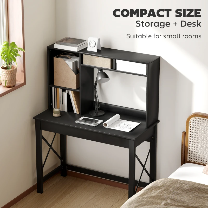 HOMCOM Computer Desk with Hutch, Home Office Table with Storage Shelves and Open Compartments for Writing, Work, Black