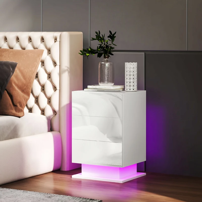HOMCOM Modern LED Nightstand Bedside Table with Adjustable Colour Lighting & 3 Drawers, APP Control, Glossy White