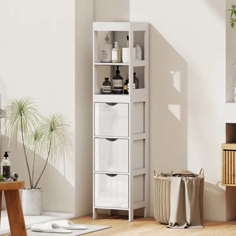 HOMCOM Narrow Bathroom Storage Cabinet, Bathroom Cabinet with 3 Drawers & 2 Open Shelves, Slim Bathroom Floor Cabinet, White