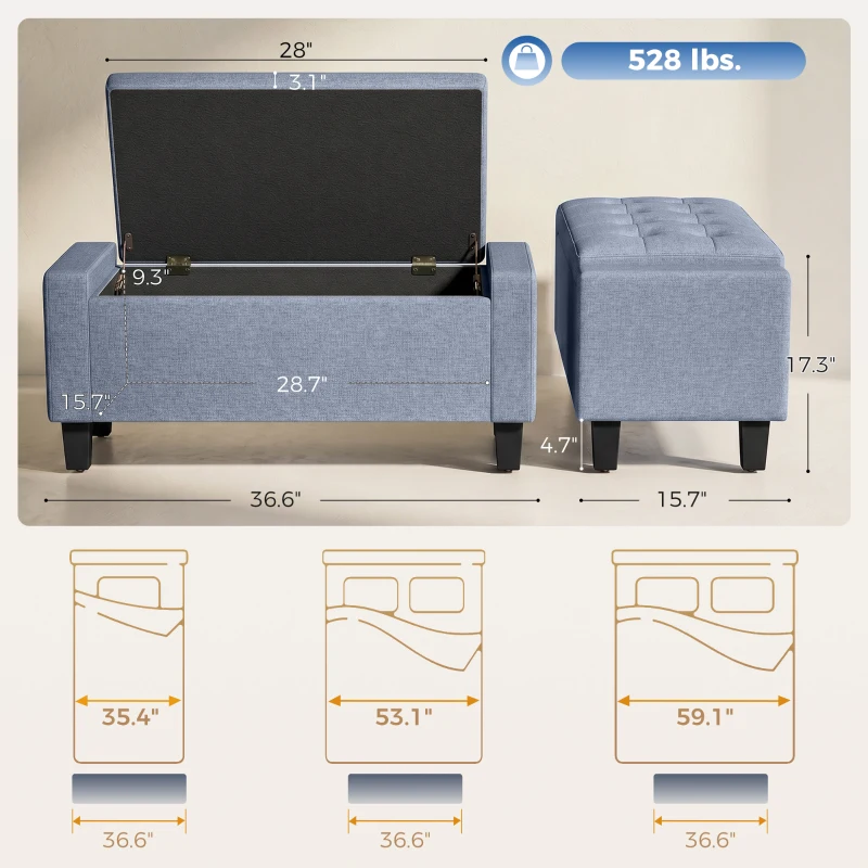 HOMCOM Storage Ottoman, Storage Bench with Wooden Legs, Tufted Armrests for Entryway, Living Room, Bedroom, 36.6", Dark Gray