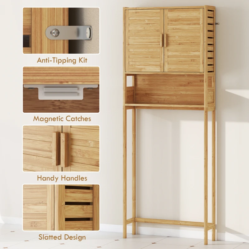 HOMCOM Over The Toilet Storage Shelf, Bathroom Organizer with 2 Doors, Open Compartment and Adjustable Shelf, Natural