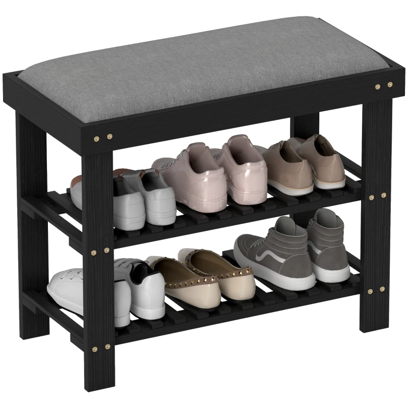 HOMCOM Bamboo Shoe Storage Bench, 3-Tier Entryway Bench with Cushion, Shoe Organizer for Entryway, Hallway, Black