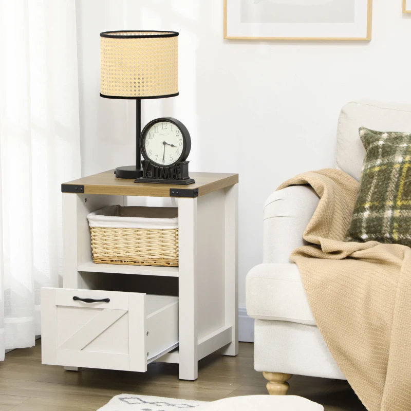 HOMCOM Farmhouse End Table, Side Table with Storage for Living Room, White