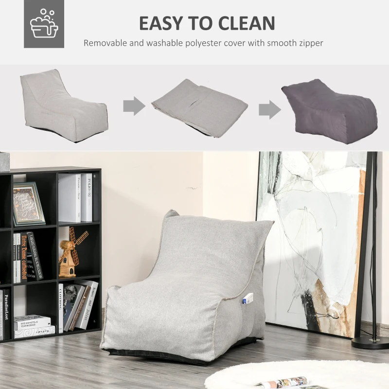 HOMCOM Bean Bag Chair, Stuffed Large Lounger for Indoors, Includes Washable Cover, Side Pockets and Backrest, for Kids and Adults, Grey