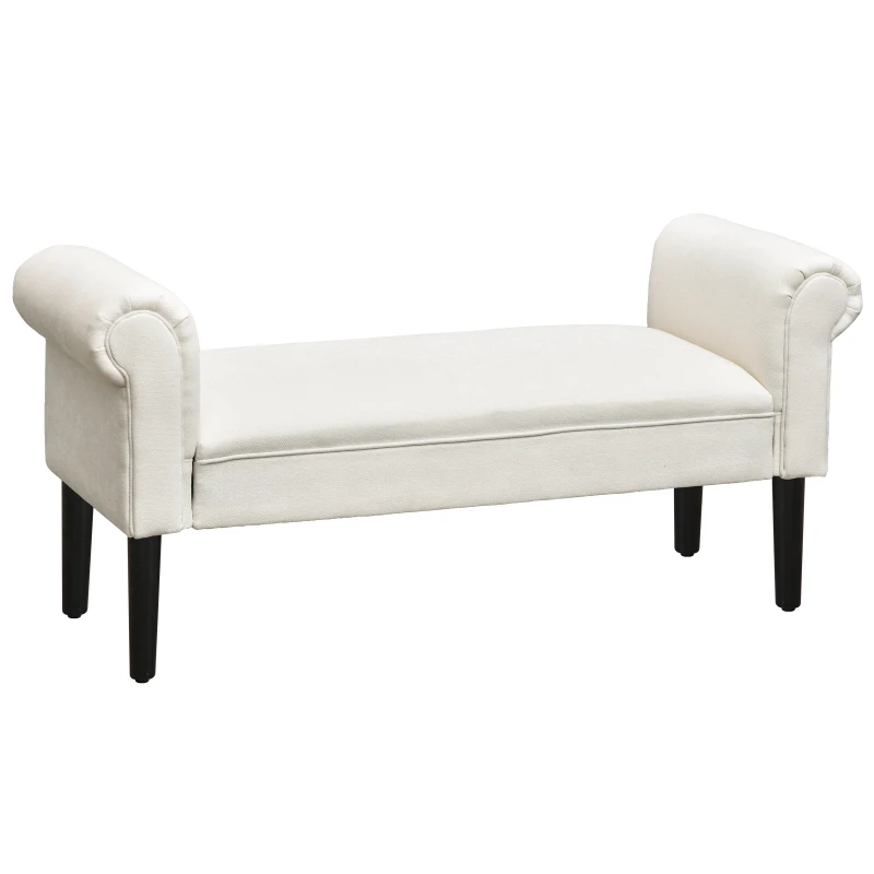 HOMCOM 52" End of Bed Bench, Linen Upholstered Ottoman Bench, Bedroom Entryway Bench With Armrests, Cream White