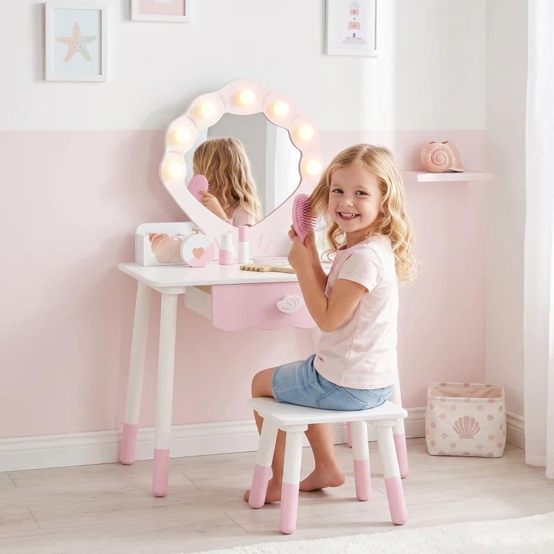 Qaba Kids Vanity Set, Makeup Vanity Table with Lights, Mirror, Stool, 7Pcs Accessories, Pretend Play Set for 3-8 Years, Pink